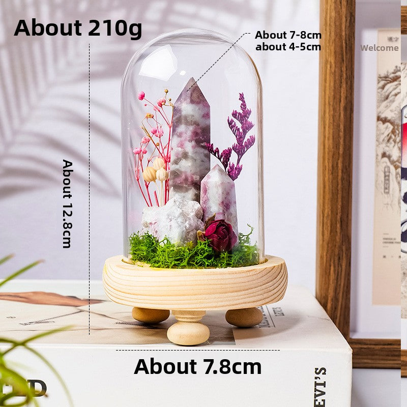 Crystal Dome — a raw crystal standing in preserved moss on a turned wood base, under a glass dome