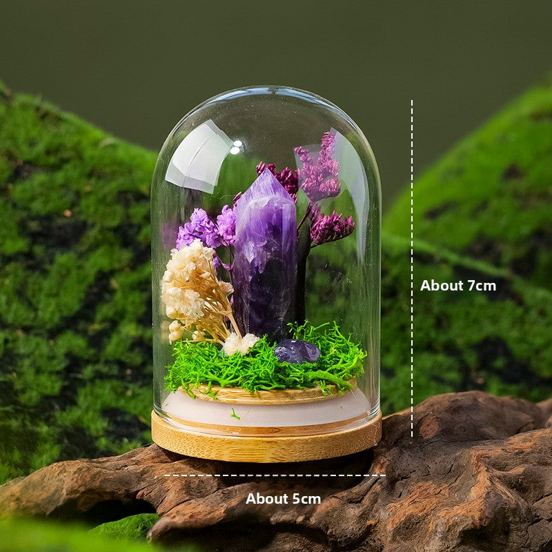 Crystal Dome — a raw crystal standing in preserved moss on a turned wood base, under a glass dome