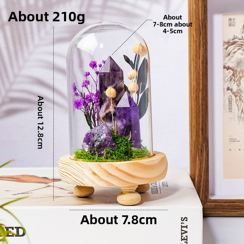 Crystal Dome — a raw crystal standing in preserved moss on a turned wood base, under a glass dome