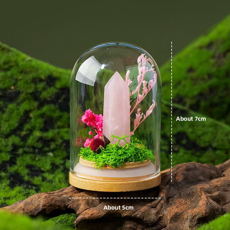 Crystal Dome — a raw crystal standing in preserved moss on a turned wood base, under a glass dome