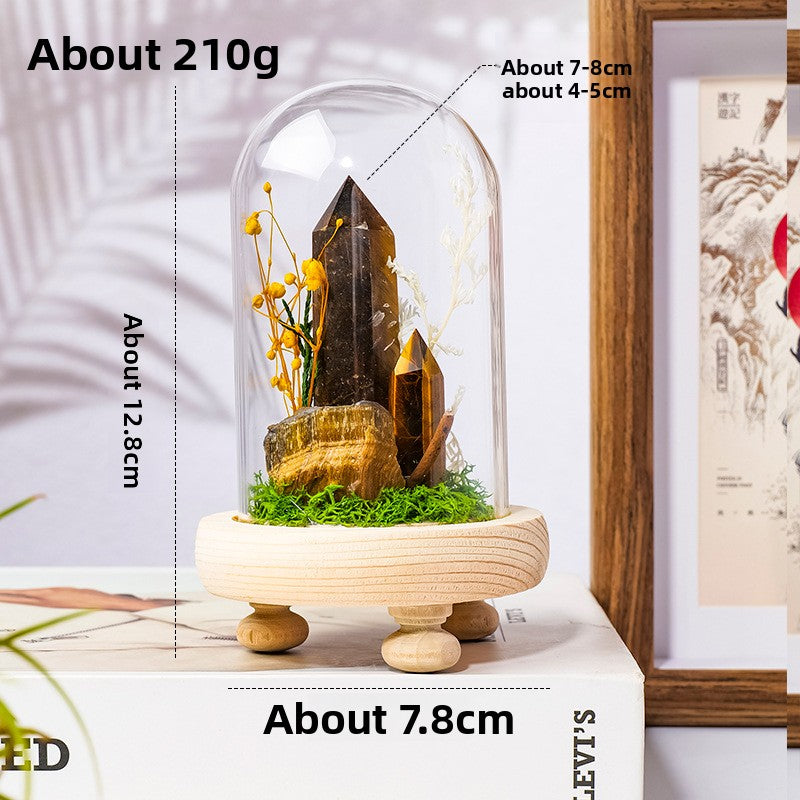 Crystal Dome — a raw crystal standing in preserved moss on a turned wood base, under a glass dome