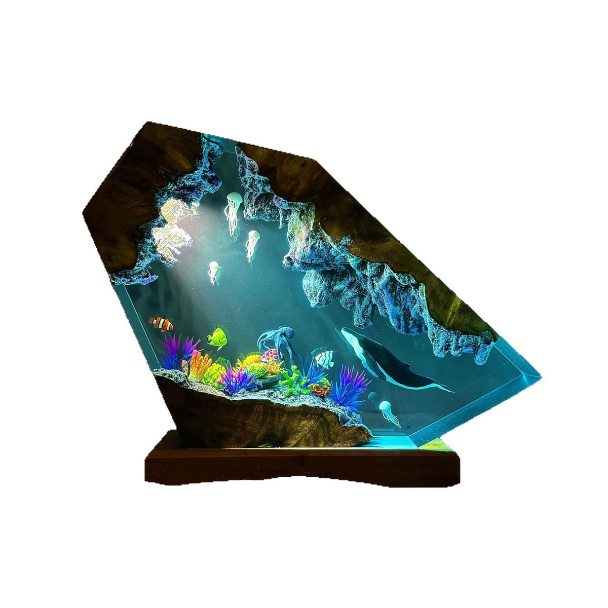 Reef Lamp — a coral shelf and a whale cast in epoxy resin on a wood base, lit from below