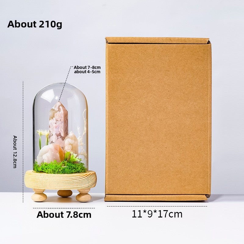 Crystal Dome — a raw crystal standing in preserved moss on a turned wood base, under a glass dome