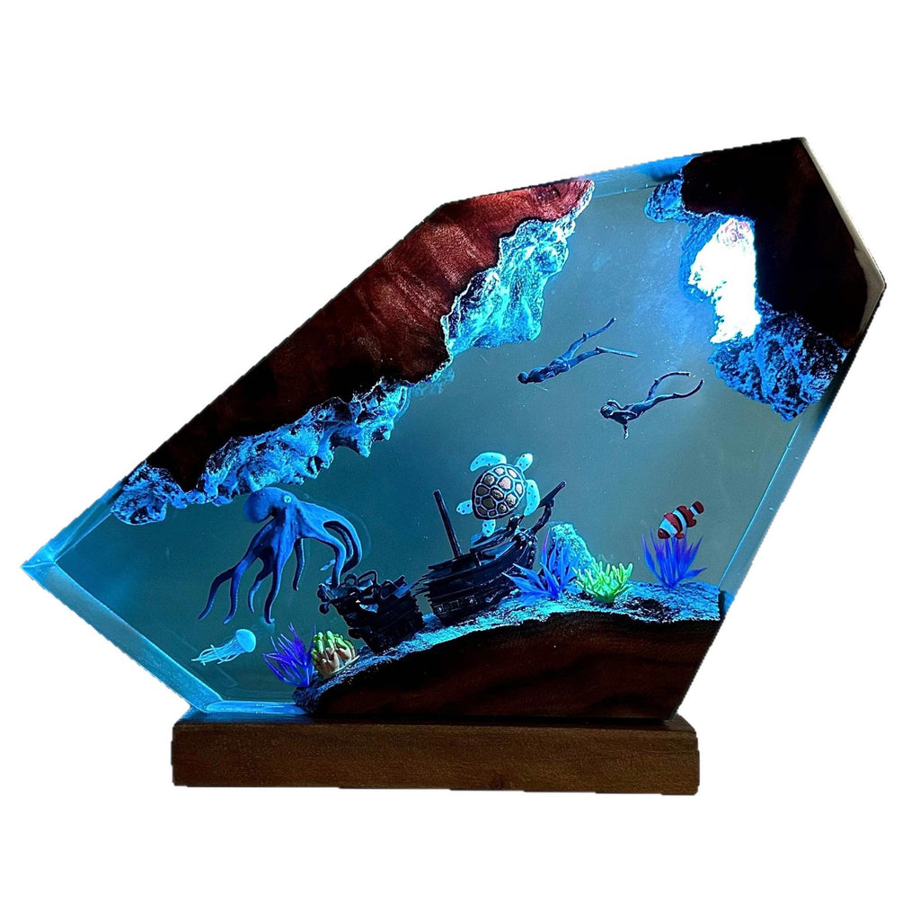 Octopus Lamp — an octopus cast in epoxy resin over a solid wood base, lit from underneath
