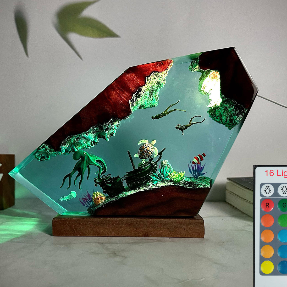 Octopus Lamp — an octopus cast in epoxy resin over a solid wood base, lit from underneath